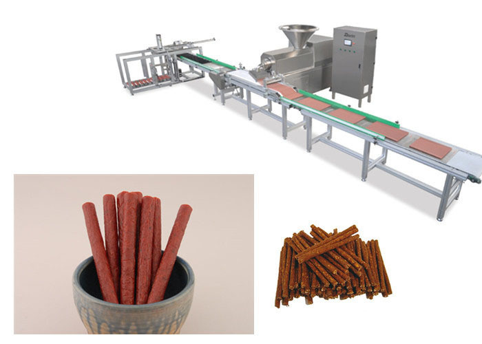 Stainless Steel Pet Line Produksi Makanan Strip Membentuk Daging Dengan Sistem Auto Tray